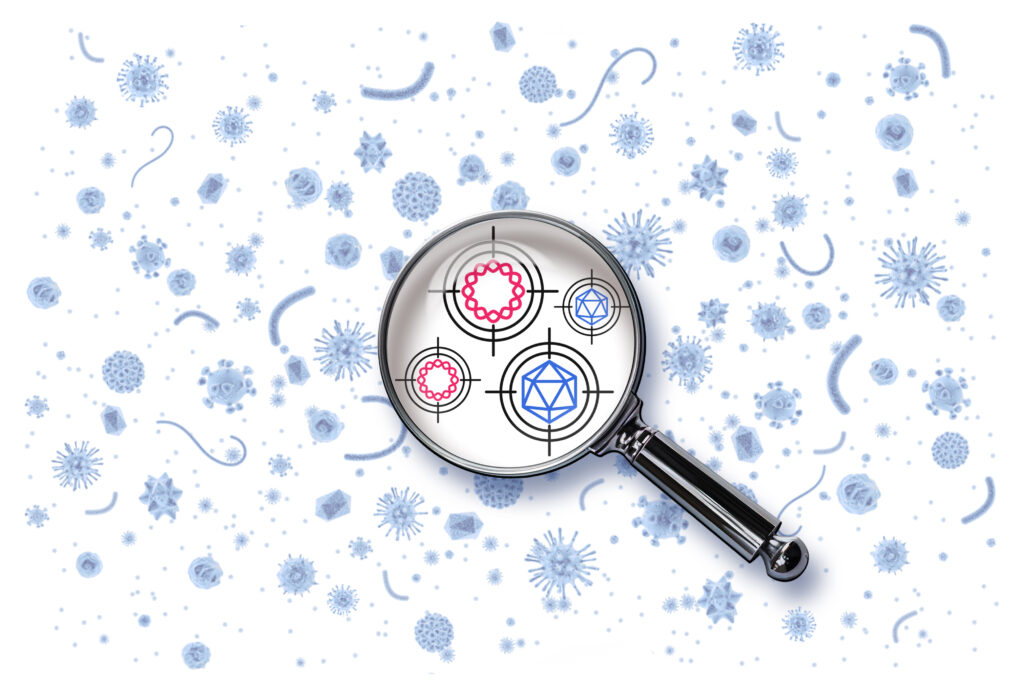 A magnifying glass examines a background of plasmids and viruses.